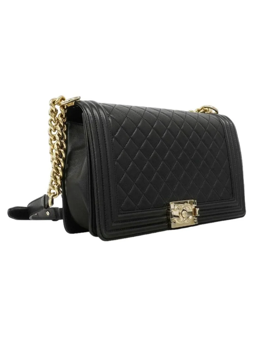 Chanel Shoulder Bag Boy Lambskin Black Champagne Gold